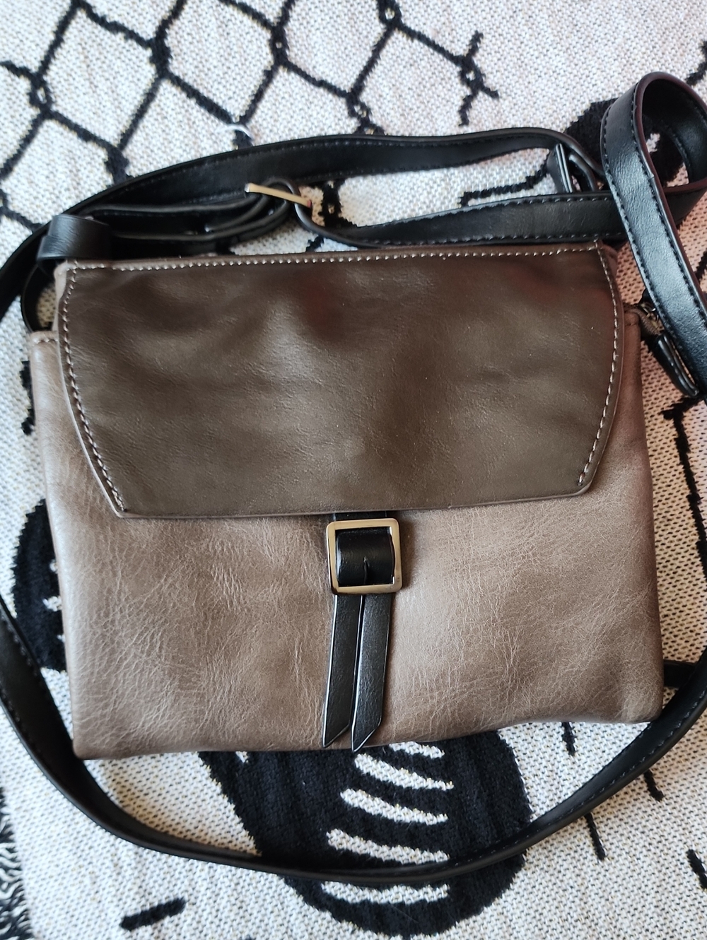 Two-Tone Taupe and Dark Brown Crossbody Bag with Buckle Detail